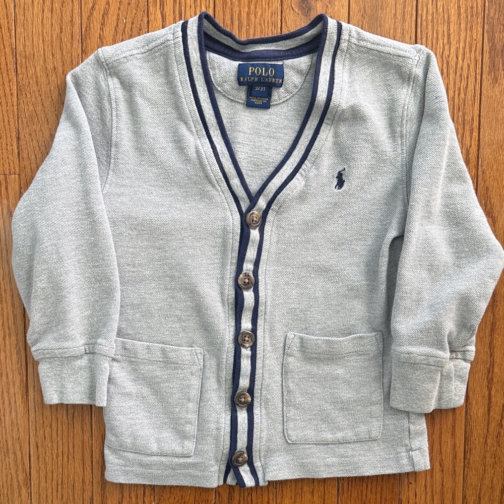 Polo by Ralph Lauren Kids Gray Cardigan with Navy Trim